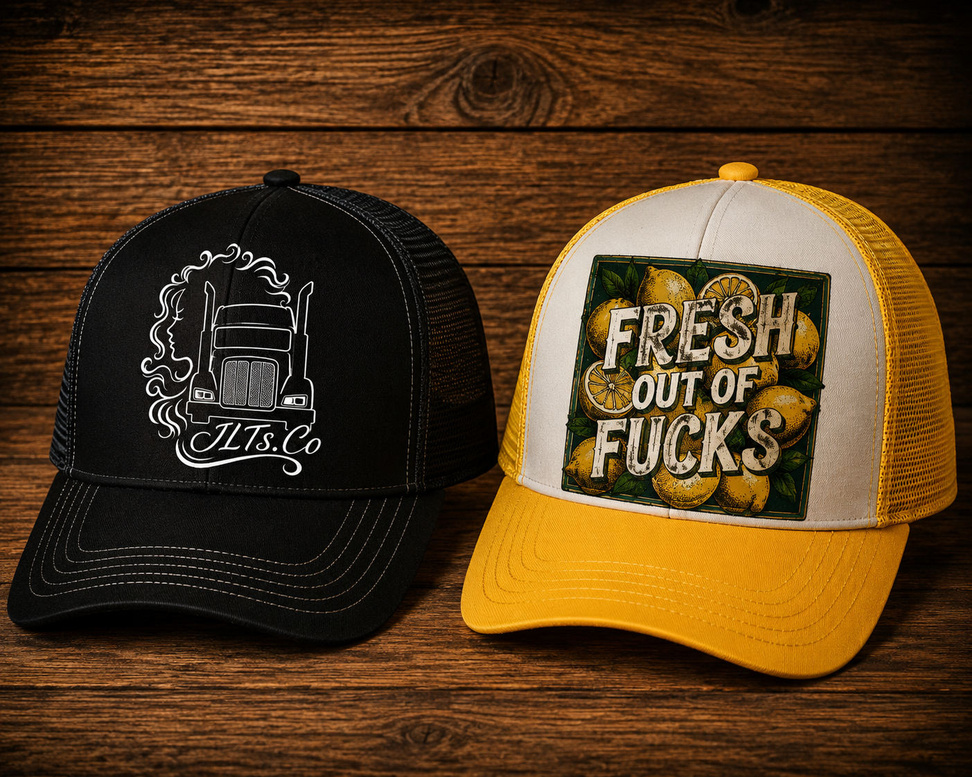 JLTs.Co trucker hats — two styles displayed