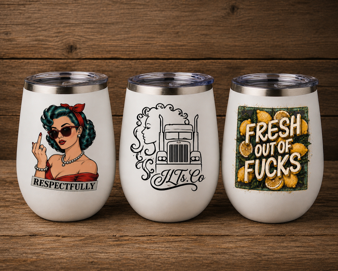 JLTs.Co wine tumblers — three black insulated tumblers with graphic print